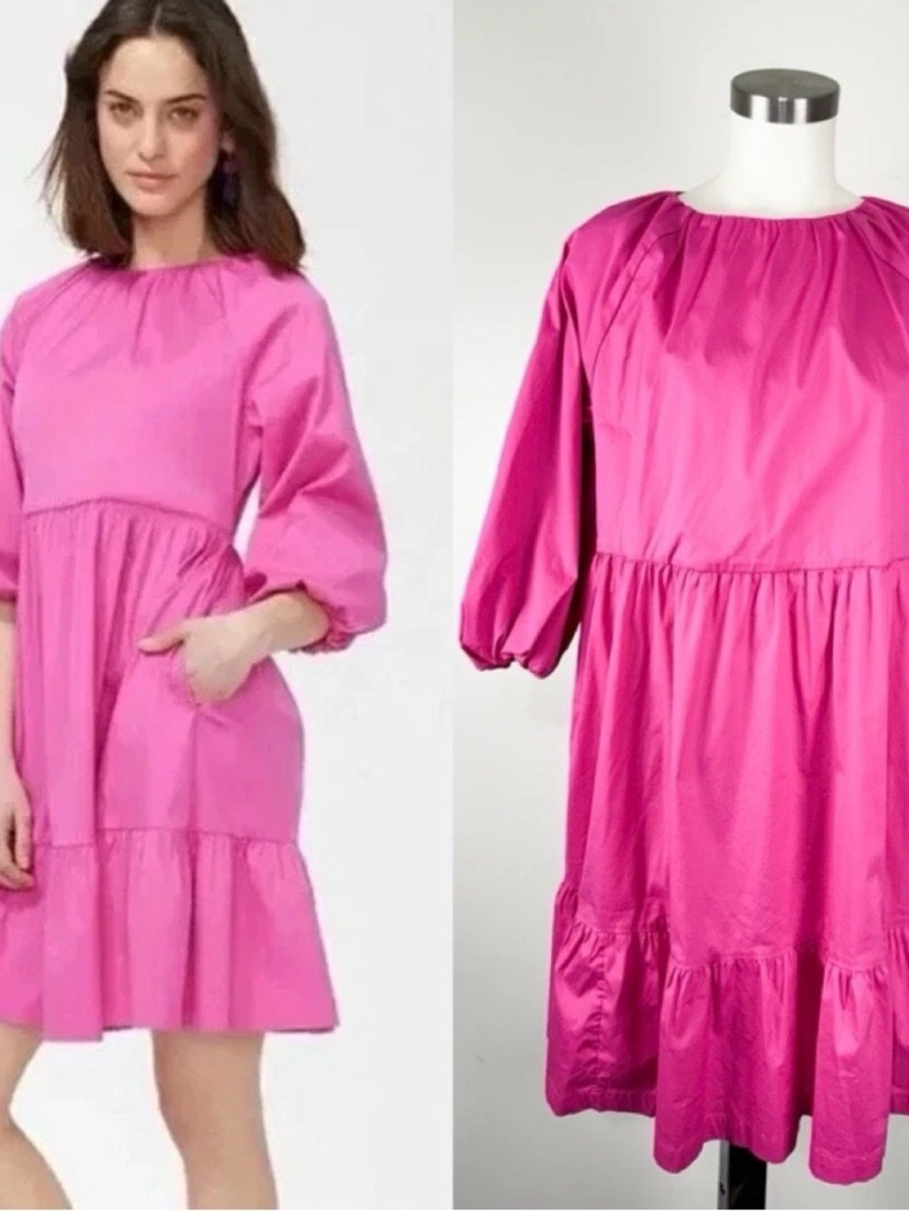 Chico's Hot Pink Puff-Sleeve Poplin Tiered Dress Size 2 ( M/L)